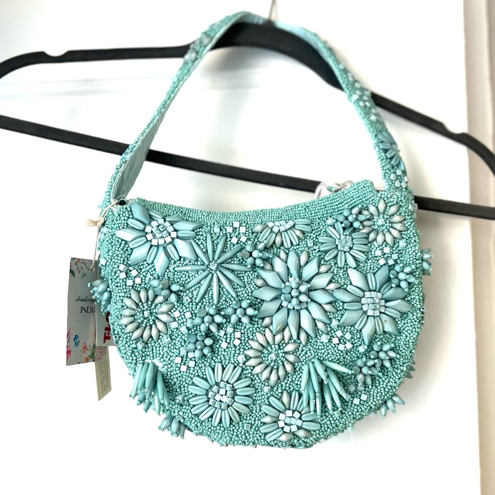 Embroidered Floral Beaded Mini Shoulder Bag in Aqua